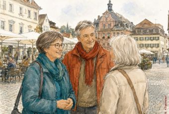 KI-generierte Grafik: Drei ältere Menschen im Gespräch